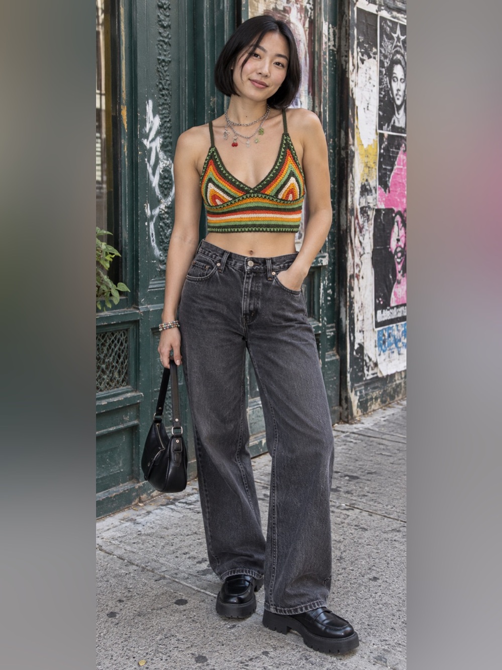Emory Park Crochet Striped Crop Tank Top Green Orange Y2K Boho S